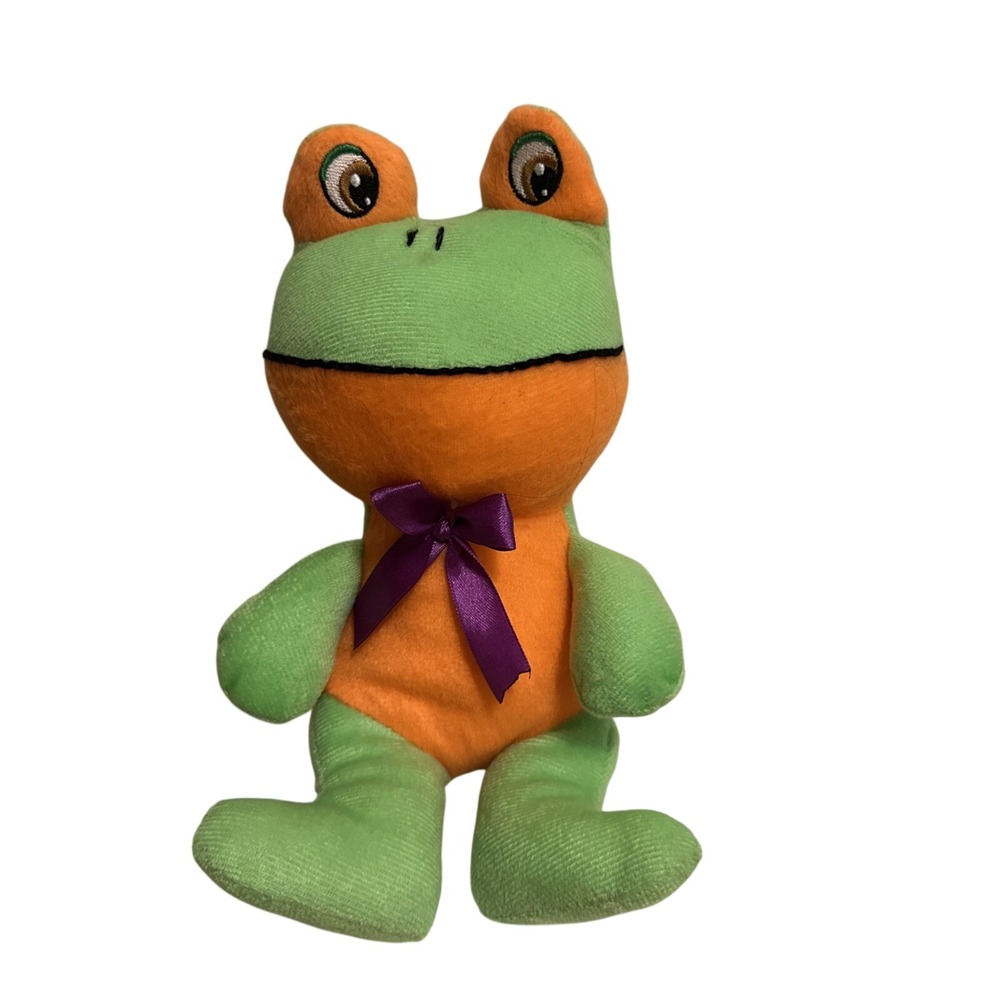 Toy Works Frog Plush Toy Green Orange Purple Bow Small Excellent Stuffed Animal
